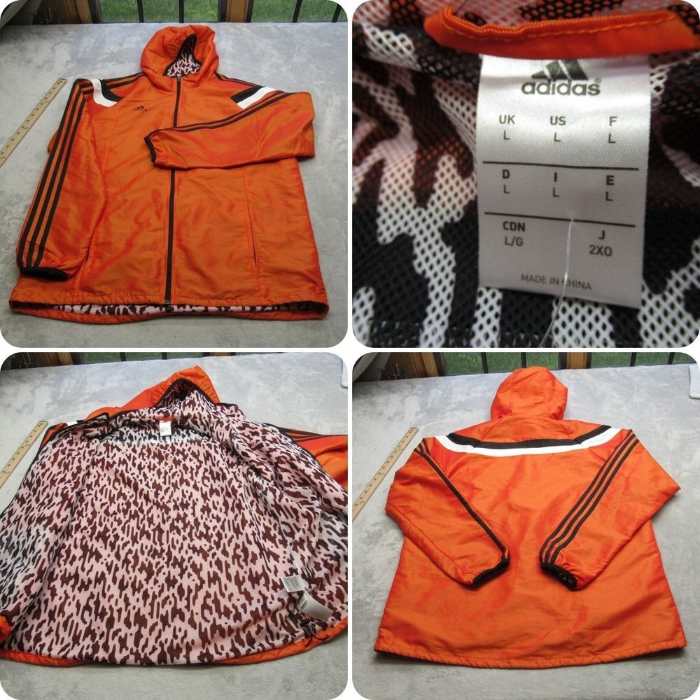 Adidas Jacket Men? Large Orange Striped Full Zip Lightweight Hooded Windbreaker